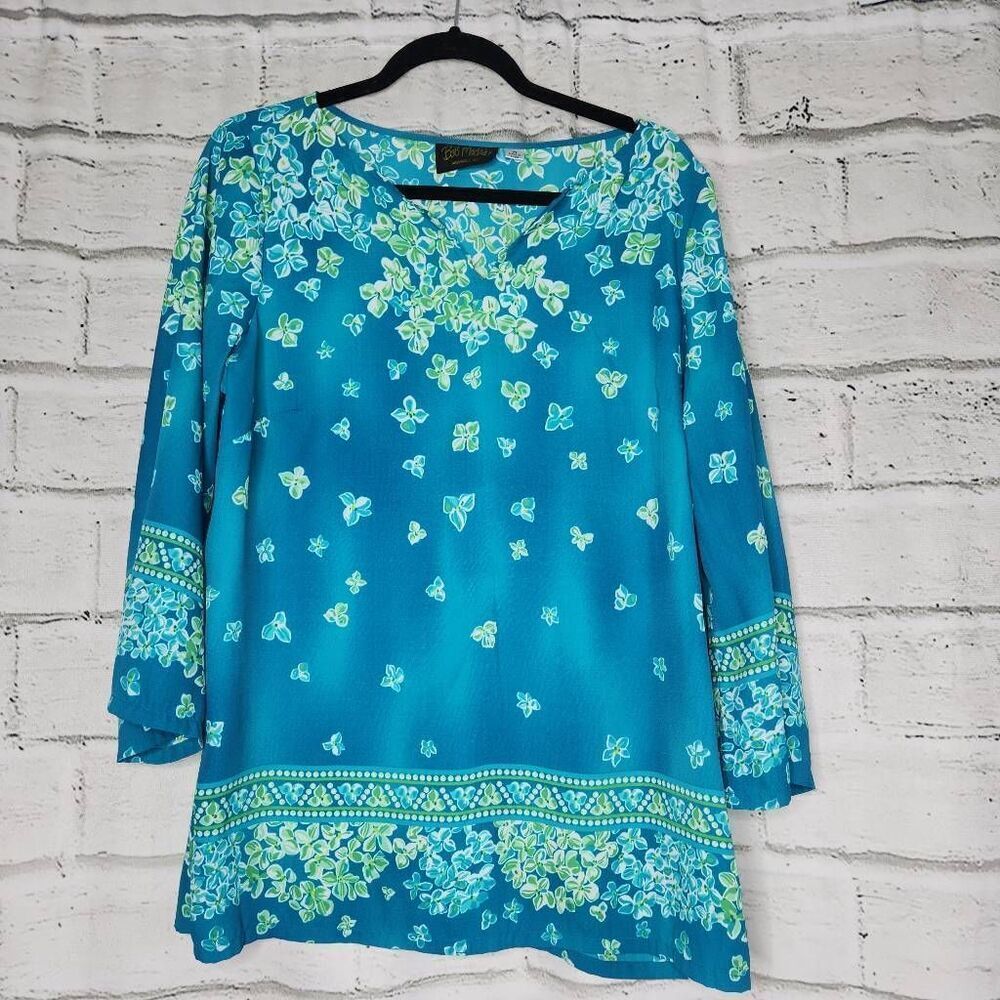 Bob Mackie Wearable Art Womens Blue Heavenly Hydrangea Printed Tunic Top Medium